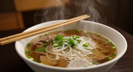 Delicious pho noodle soup with chopsticks and fresh herbs close up view