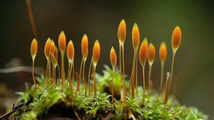 A serene close-up of delicate yellow flowers emerging from lush green moss. bathed in soft sunlight. creating a tranquil atmosphere in a forest setting