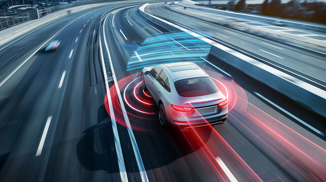 A modern car braking automatically to avoid a collision, with the driver alerted by an advanced warning system