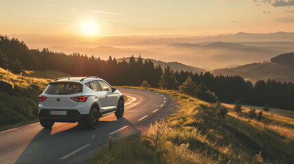 Aachen, Germany - August 26, 2019: Seat Arona small SUV car in european mountain landscape road at sunset