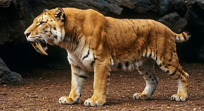  A close up saber-toothed tiger (Smilodon) with eyes approaches in a dark environment