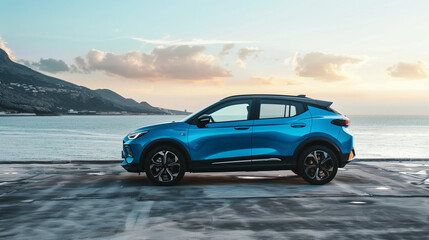 Blue compact SUV car with sport and modern design parked on concrete road by the sea. Hybrid and electric car technology concept. Car parking space. Automotive industry. Car care service
