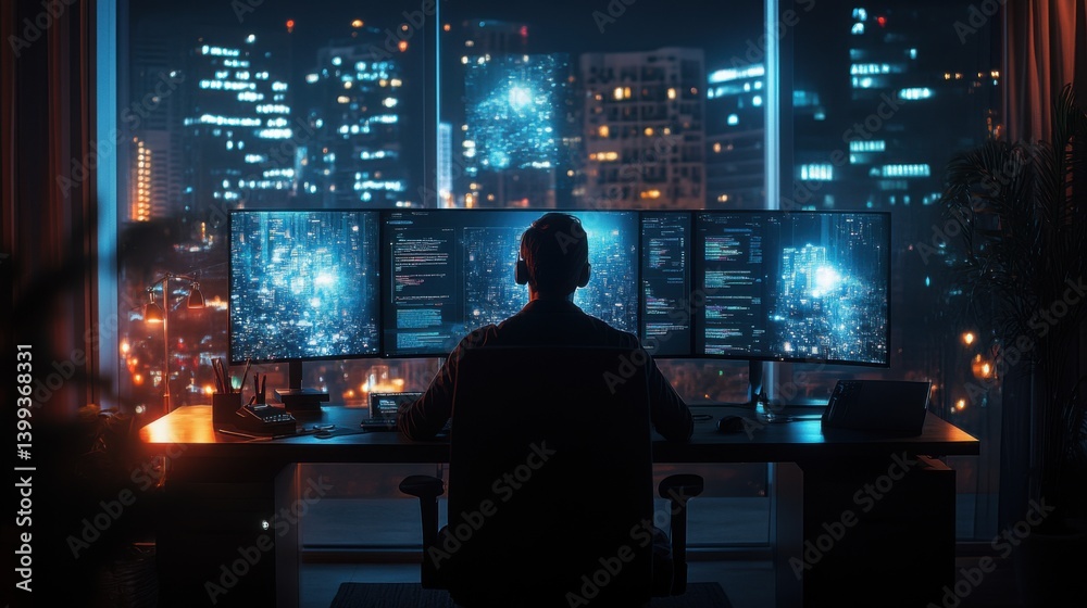 Poster a person sits at a desk with multiple monitors displaying code and data, overlooking a city skyline 