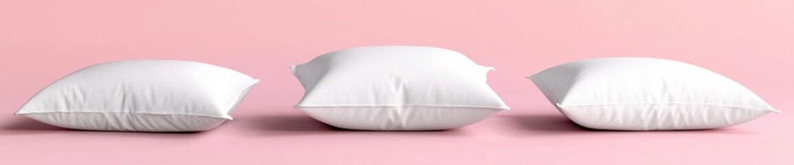 A serene arrangement of four fluffy white pillows on a soft pink background. creating a calming atmosphere suitable for interior design or home decor projects