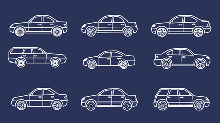 Car icons set. The car from different sides. Side view, back, front, bottom, inside. linear icon collection. Line with editable stroke 