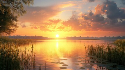 Obraz premium A serene sunset over a calm lake, with vibrant colors reflecting on the water and lush grass framing the scene.