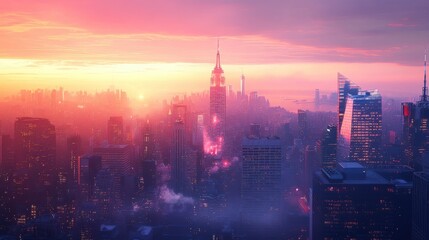 A stunning skyline view at sunset, featuring iconic skyscrapers set against a vibrant sky filled with hues of pink and orange.