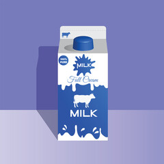 A digital illustration of a full-cream milk carton designed in blue and white. The packaging features a cow silhouette, a Pure label, and a splash of milk, emphasizing freshness and quality.