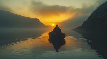 A silhouette of a lone fisherman in a small boat, calm waters reflecting the sunrise