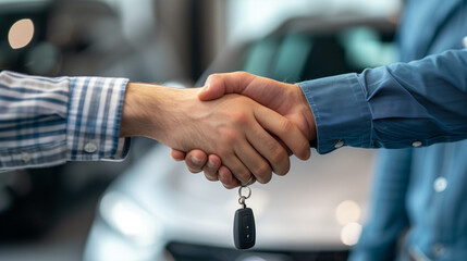 Crop dealer with car keys shaking hand of client