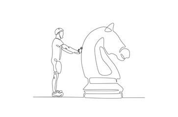 Man pushing queen chess one line drawing. Single line art illustration of man pushing chess piece. Editable vector.