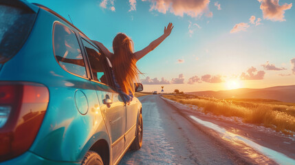 
Hatchback Car travel driving road trip of woman summer vacation in blue car at sunset,Girls happy traveling enjoy holidays and relaxation with friends together get the atmosphere and go to destinatio
