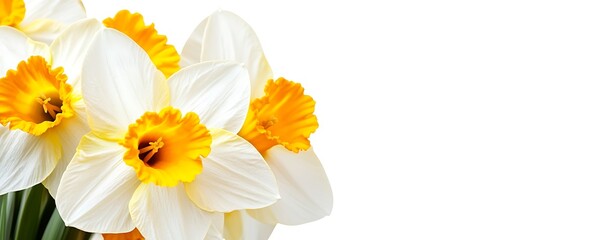 Obraz premium White and yellow daffodil flowers, in bloom, background is white, great for springtime design
