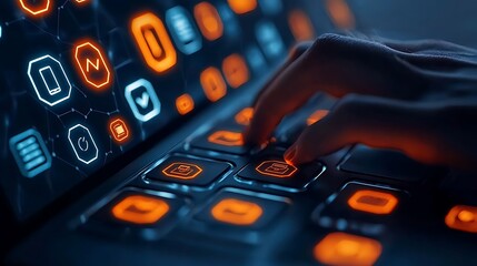 Fingers Typing on a Futuristic Glowing Keyboard Displaying Interface Icons for Advanced Technology and Data Processing, Blue and Orange Palette.