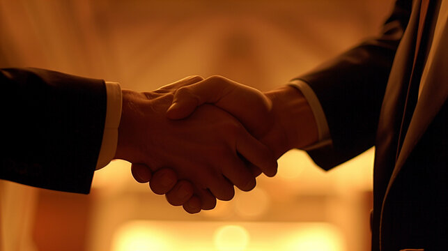 Closeup of formal business handshake between two professionals in low warm lighting