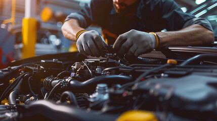 Professional mechanic working on the engine of the car in the garage. Car repair service.