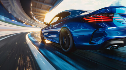 Rear view of blue Business car on high speed in turn. Blue car rushing along a high-speed highway.