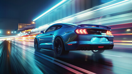 Rear view of blue Business car on high speed in turn. Blue car rushing along a high-speed highway. Generative AI