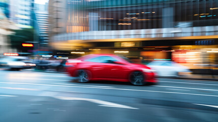 Red car in motion on the road, Sydney, Australia. Car moving on the road, blurred buildings in background.