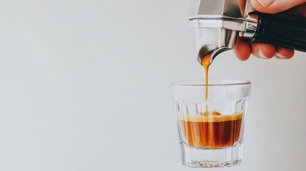 Hand pouring espresso into glass cup