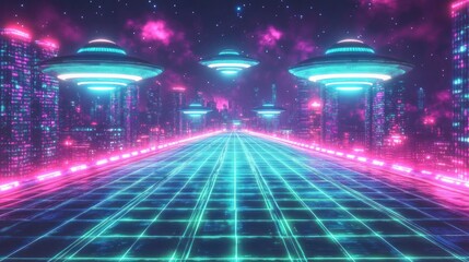 Futuristic cityscape with flying saucers above a neon illuminated road