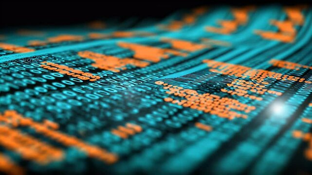 Turquoise data streams into vibrant orange elements. Abstract binary code cascades in lines, creating a textured tech landscape