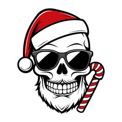 Colorful Santa Claus Skull Wearing a Christmas Hat with Sunglass, candy, lights Vector Illustration