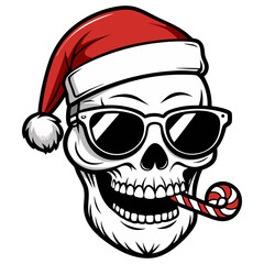 Cool Skull Wearing Sunglasses & Santa Hat, Holding Candy Canes