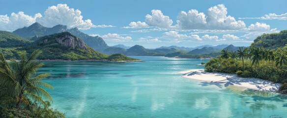 Fototapeta premium Tropical Island Paradise Painting with Turquoise Water and Palm Trees