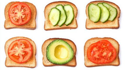Naklejka premium Variety of toast slices with fresh vegetables and avocado