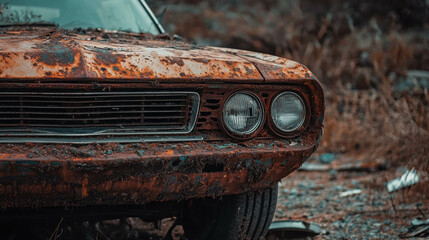 Rusty vintage car front view covered in decay and neglect showcasing nature's reclaiming beauty