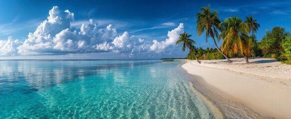 Fototapeta premium Tropical Beach Paradise with Palm Trees and Turquoise Water View