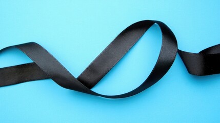Black ribbon on a blue background.  A flowing ribbon in a graceful curve.  A symbolic image of remembrance or mourning
