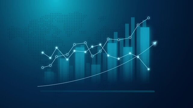 Financial trading graph with candlestick chart on dark blue digital background ,uptrend price increase investment background animation