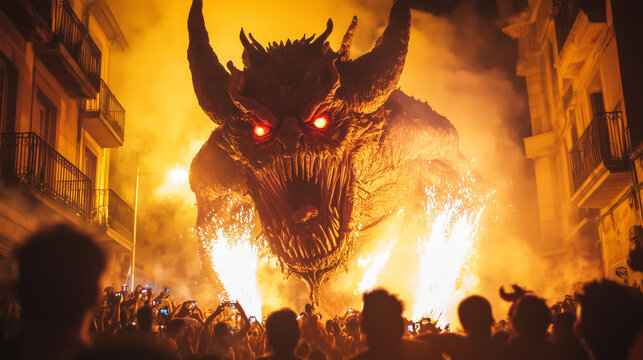 La Patum de Berga festival, a kaleidoscope of Catalan culture, with giant papier-m&acirc;ch&eacute; figures towering amidst the glowing streets, rhythmic drumming guiding the vibrant parades