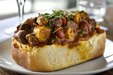 South African curry with beef and vegetables in rich red sauce on white plate. Concept of South African curry showcasing vibrant flavors. Bunny chow inspiration included.