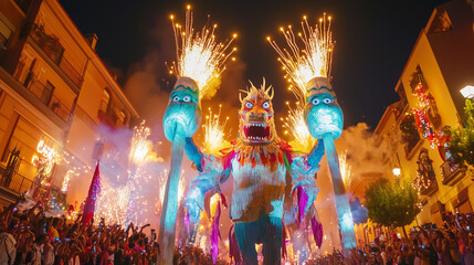 La Patum de Berga festival, a kaleidoscope of Catalan culture, with giant papier-m&acirc;ch&eacute; figures towering amidst the glowing streets, rhythmic drumming guiding the vibrant parades