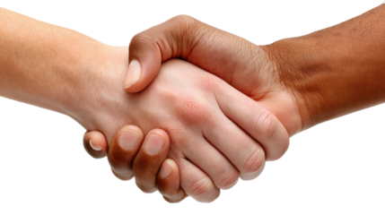 Handshake: A striking representation of unity and collaboration. Two hands, one light and one dark, clasped in a firm handshake, against a bright background, symbolizing partnership and agreement.