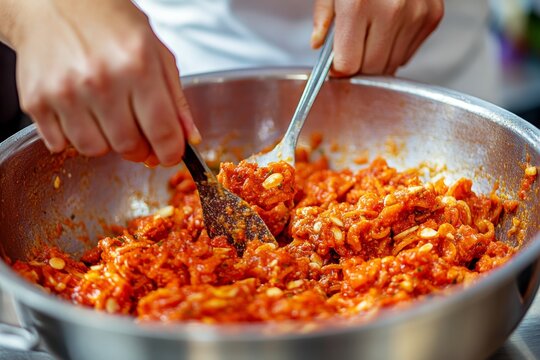 Twisted pasta and tomato pesto in large pot, sauce rich with meat, vegetables. Concept of twisted pasta and tomato pesto, Italian cuisine inspiration, Busiate al Pesto Trapanese.