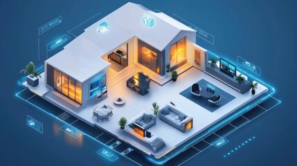 An isometric illustration of a modern smart home, featuring sleek furniture, large windows, and digital interfaces showcasing smart technology.