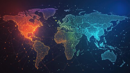 Naklejka premium Digital Marketing and Online Business. Colorful Abstract World Map Network of Glowing Points and Lines