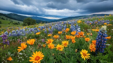 Obraz premium Vibrant wildflowers bloom in a mountain meadow under a dramatic sky.