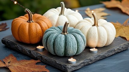 Autumnal Still Life Colorful Pumpkins and Tea Lights on Dark Slate, Generative AI.