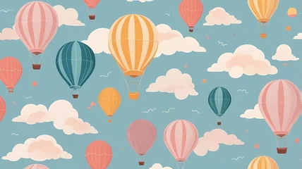 Floating Balloons – A cheerful pattern with hot air balloons, fluffy clouds, and a dreamy sunset sky