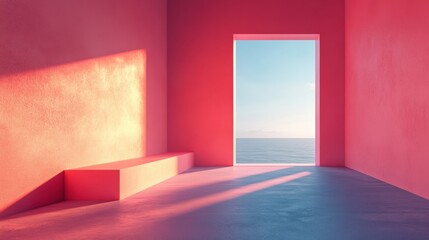 A serene room with vibrant pink walls and a doorway leading to a tranquil ocean view, creating a peaceful and inviting atmosphere.