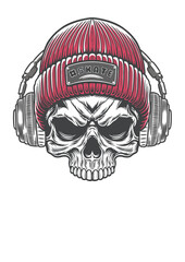Skull with vintage style beanie hat and vintage style headphone 67 - BW