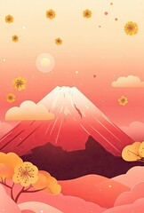 A serene landscape featuring a snow-capped mountain under a vibrant sunset. with cherry blossoms in the foreground and gentle snowfall creating a tranquil atmosphere