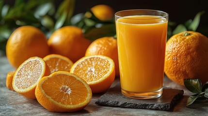 Freshly squeezed orange juice served with whole and sliced oranges.