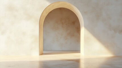 A minimalist interior features a rounded archway against a textured wall, illuminated by soft light, creating a serene and inviting atmosphere.