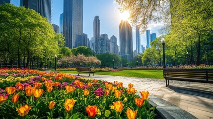 Obraz premium Vibrant city park in spring, with flowers, trees, and modern buildings in the background. Lush green grass, colorful tulips, and park benches are featured. Sunny day